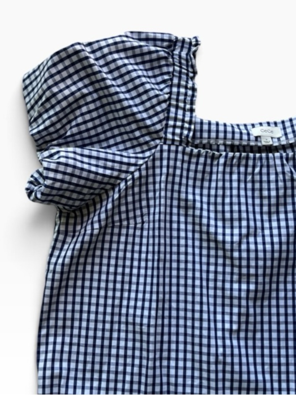 CeCe 1X Gingham Puff Sleeve 100% Cotton Blouse Navy White Cottagecore Coastal - Picture 3 of 7